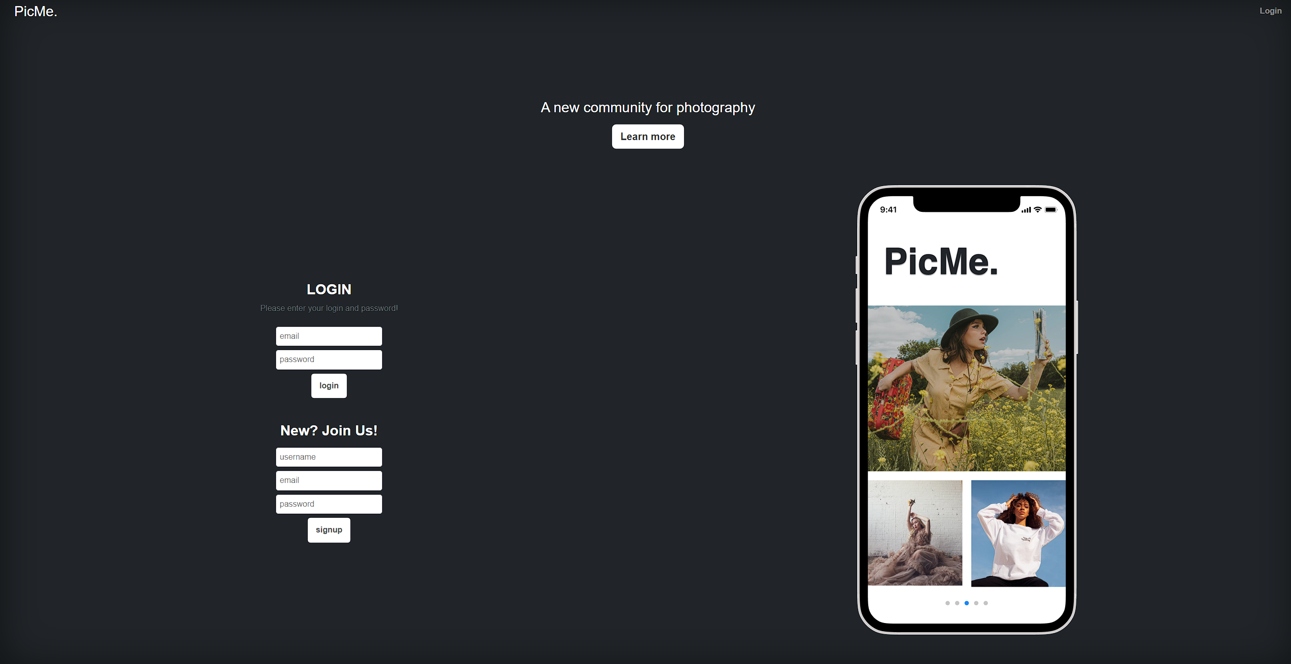 Pic Me photography app landing page